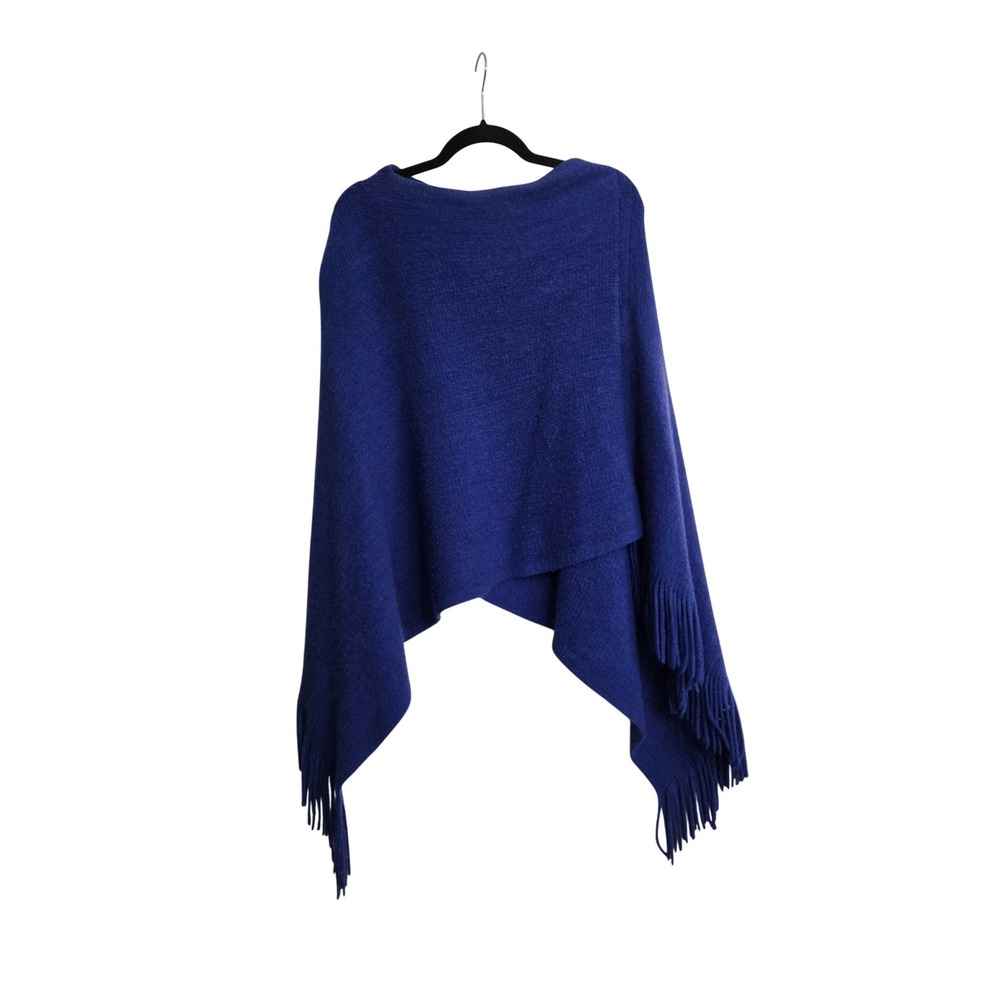 Royal Blue Knit Quarter Zip Fringe Poncho Wrap Asymmetrical One‎ Size